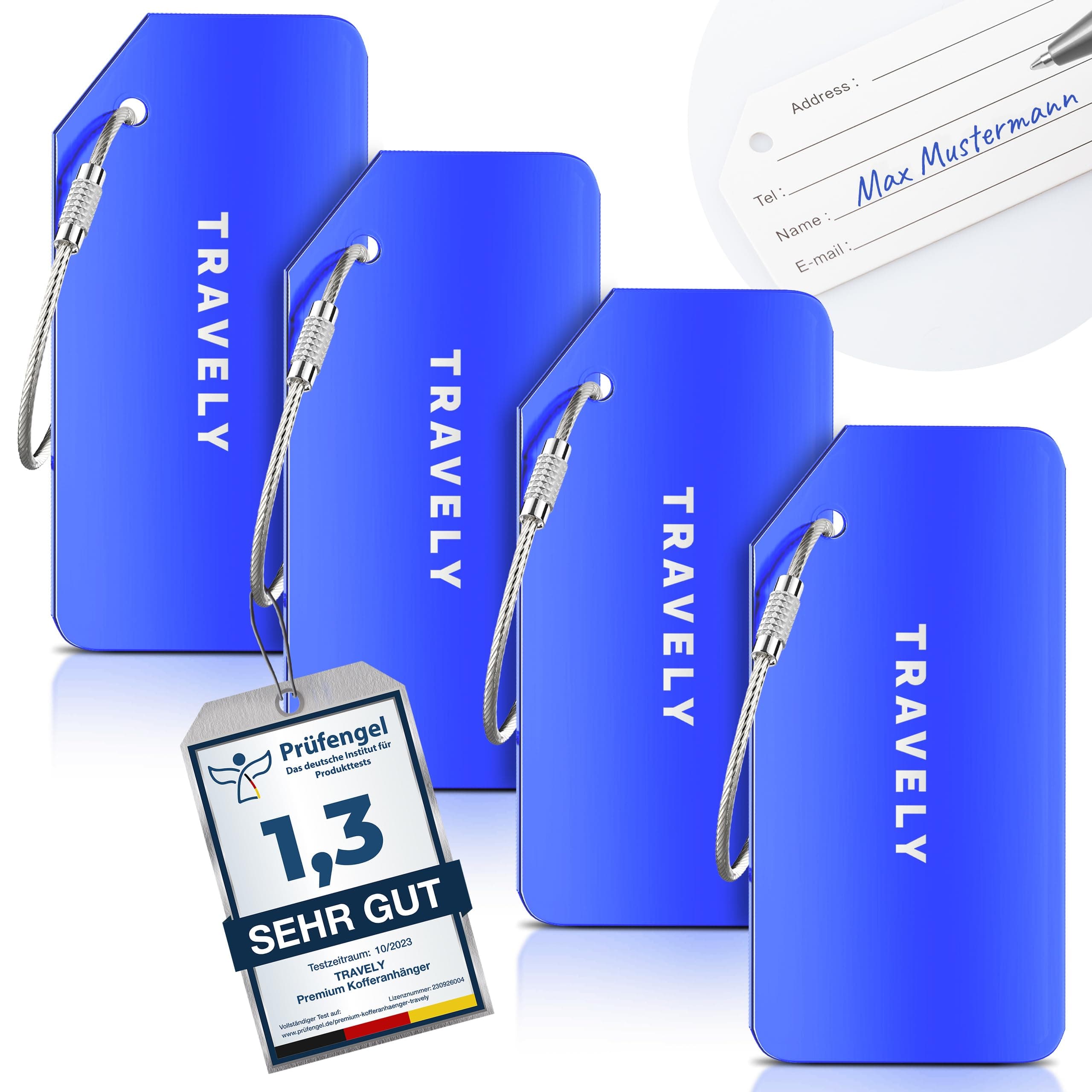 Travely Premium Kofferanhänger - leicht Erkennbar, Robust & Sicher - inkl. Namensschild und Privatsphäre Schutz I Vielseitig und Praktische Adressanhänger, Namensanhänger & Gepäckanhänger Blau 4 Anhänger
