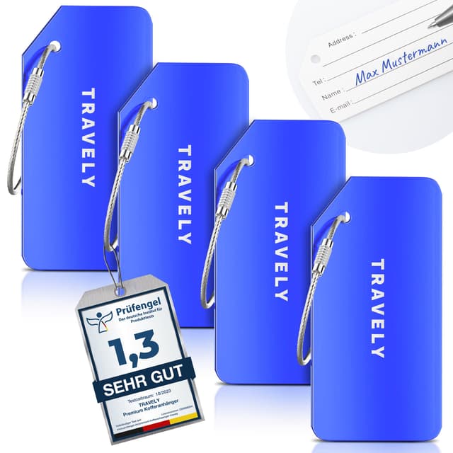 Travely Premium Kofferanhänger - leicht Erkennbar, Robust & Sicher - inkl. Namensschild und Privatsphäre Schutz I Vielseitig und Praktische Adressanhänger, Namensanhänger & Gepäckanhänger Blau 4 Anhänger