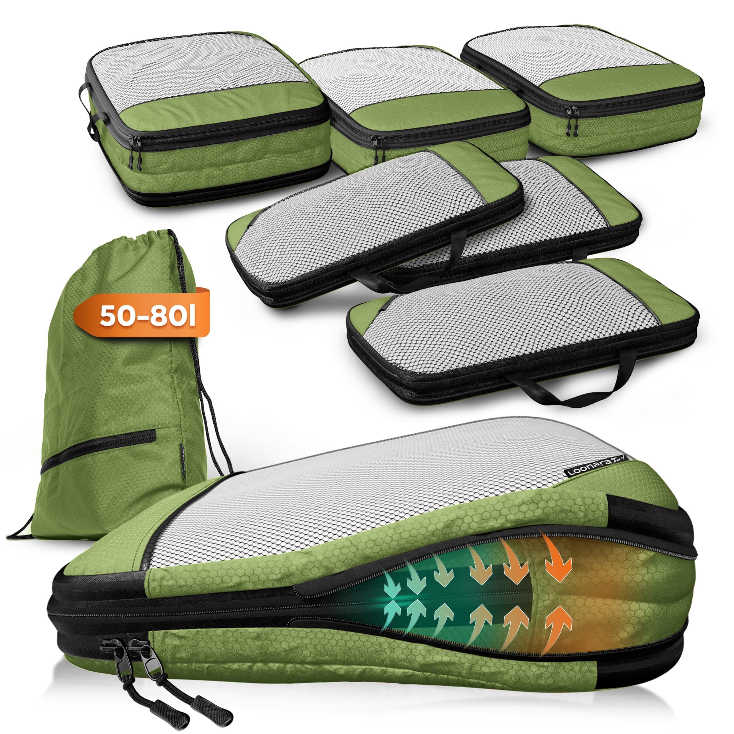 Packwürfel Kompression für Koffer und Rucksack [7-teilig] mit Packbeutel - mehr Platz im Koffer oder Backpack durch Kompression – Packing Cubes Kompression für deine Wander Ausrüstung (grün) 7-teilig Olive Odyssey - Grün