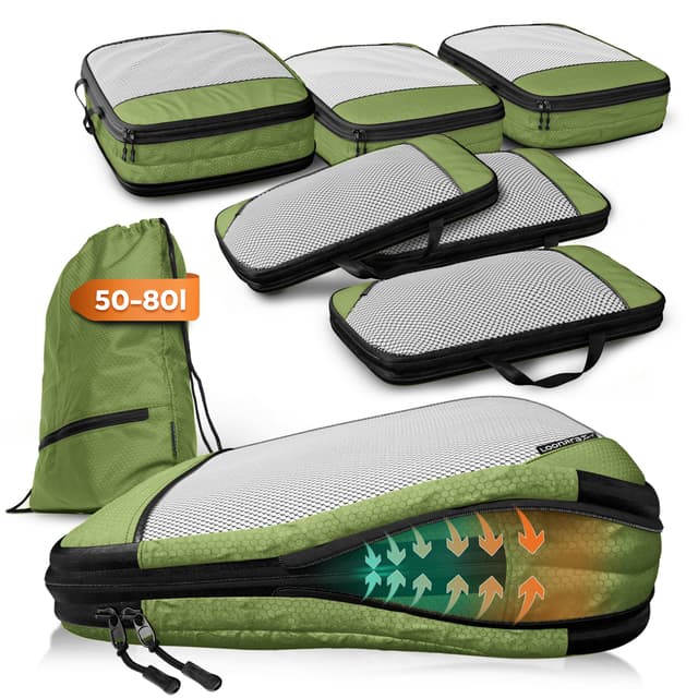 Packwürfel Kompression für Koffer und Rucksack [7-teilig] mit Packbeutel - mehr Platz im Koffer oder Backpack durch Kompression – Packing Cubes Kompression für deine Wander Ausrüstung (grün) 7-teilig Olive Odyssey - Grün
