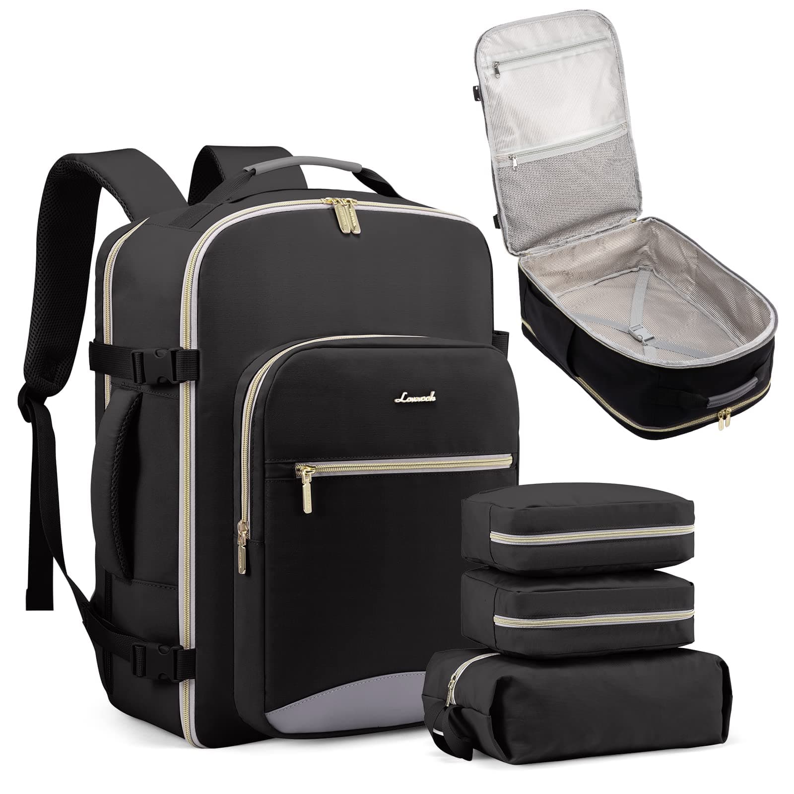 LOVEVOOK Handgepäck Rucksack Flugzeug, 40L Groß Reiserucksack Damen Kofferrucksack, Wasserdicht Reisetasche für 17 Zoll Laptop, Travel Backpack für Reise Geschäftsreise Business Wandern Weekend M Schwarz+grau