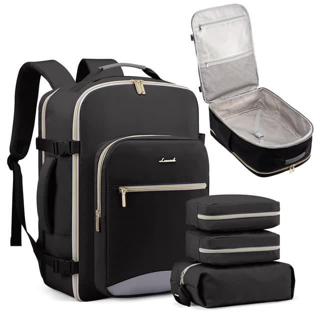 LOVEVOOK Handgepäck Rucksack Flugzeug, 40L Groß Reiserucksack Damen Kofferrucksack, Wasserdicht Reisetasche für 17 Zoll Laptop, Travel Backpack für Reise Geschäftsreise Business Wandern Weekend M Schwarz+grau