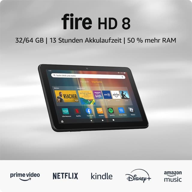 Amazon Fire HD 8-Tablet (Neueste Generation), 8-Zoll-HD-Bildschirm, 3 GB RAM, 32 GB Speicher, für Unterhaltung unterwegs, schwarz (2024) – ohne Werbung Fire HD 8 32 GB ohne Werbung schwarz