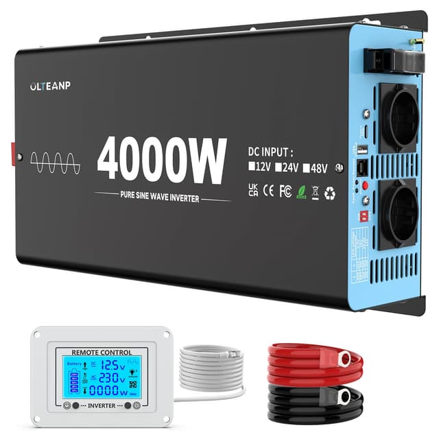 OLTEANP 4000W Wechselrichter Reiner Sinus 12V auf 230V KFZ Spannungswandler mit LCD-Bildschirm-Fernbedienung, 2 AC Steckdosen,USB & Type-C Port Solar Power Inverter für Wohnwagen, Boot, Camping