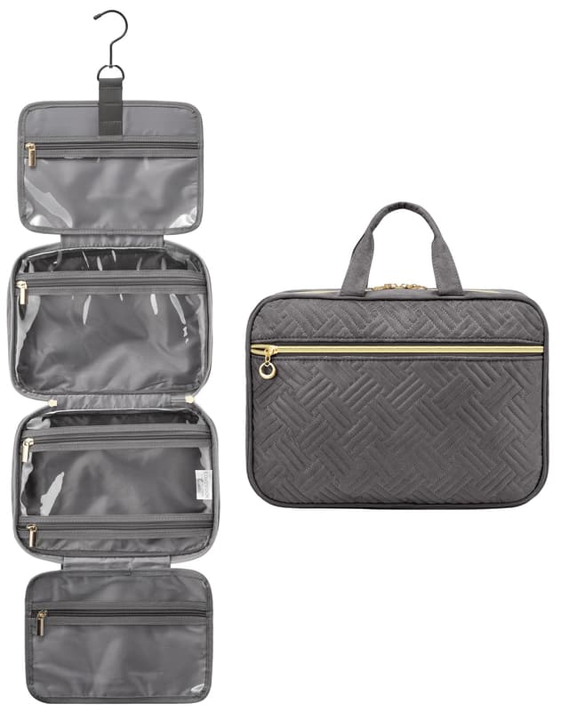 Kulturtasche Damen LOVEVOOK wasserdichte Kulturbeutel zum Aufhängen Faltbare Waschtasche Kosmetiktasche Groß mit 360°Drehbare Haken Waschbeutel für Damen L Grau