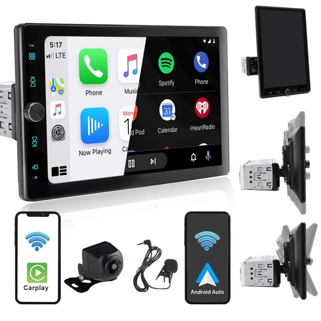 Alondy Autoradio 1Din mit 10.4 Zoll drehbar Bildschirm, Kompatibel mit [Wireless] Apple CarPlay/Android Auto Bluetooth USB AUX SD Rückfahrkamera AM/FM/RDS Radio 10.4" Touchscreen