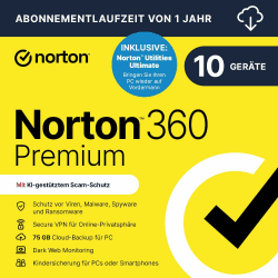 Norton 360 Premium + Utilities Ultimate 2025 | 10 Geräte | 1 Jahr |Aktivierungscode per Email per Email (Aktivierungscode) 10 Geräte Ultimate 1 Jahr Angebot bei HelloDeals