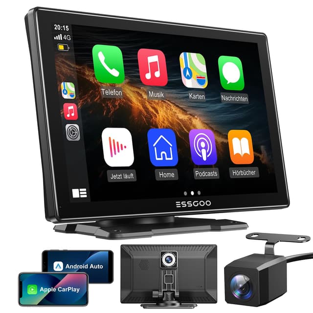 ESSGOO A-pple Carplay & Android Auto, 9 Zoll IPS Carplay Display,Mit 4k-Dashcam,1080p-RüCkfahrkamera，Carplay Auto Mit Bluetooth 5.0/Fm/Siri/G-oogle/Mirror Link/64g Tf/Aux