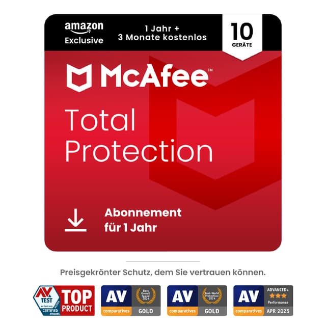 McAfee Total Protection (10 Geräte) 2025 | 15 Monate | Secure VPN, Sicherheitssoftware mit Virenschutz, Kennwort-Manager, Identitätsüberwachung | Digitaler download Activation code via email 15 Monate 10 Geräte