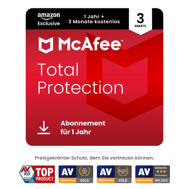 McAfee Total Protection (3 Geräte) 2025 | 15 Monate | Secure VPN, Sicherheitssoftware mit Virenschutz, Kennwort-Manager, Identitätsüberwachung | Digitaler download Activation code via email 15 Monate (3 Free) 3 Geräte