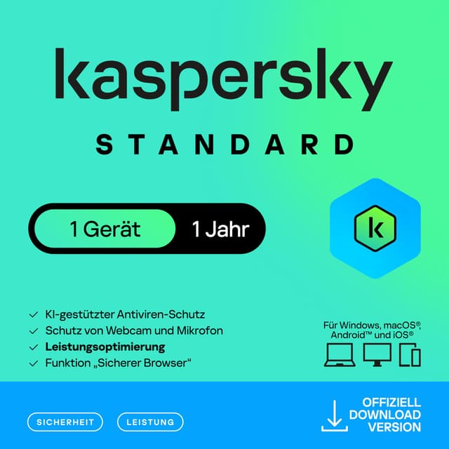 Kaspersky Standard Anti-Virus 2025 | 1 Gerät | 1 Jahr | Umfassender Schutz | Online-Banking Schutz | Leistungsoptimierung | PC/Mac/Mobile | Aktivierungscode per Email Kaspersky Standard Anti-Virus 1 Gerät 1 Jahr