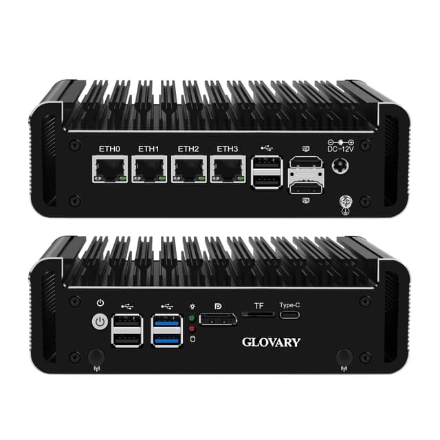Glovary Mini Firewall PC N150 4 Core (Aufgerüstet N100), 4 x i226V 2.5GbE LAN OPNsense Hardware, DDR5 8GB RAM 128GB SSD, Fanless Micro Appliance, AES-NI, 2 xM.2 NVMe Slot, 2 xSATA3.0, USB-C 8GB RAM 128GB SSD N150 4 LAN Firewall