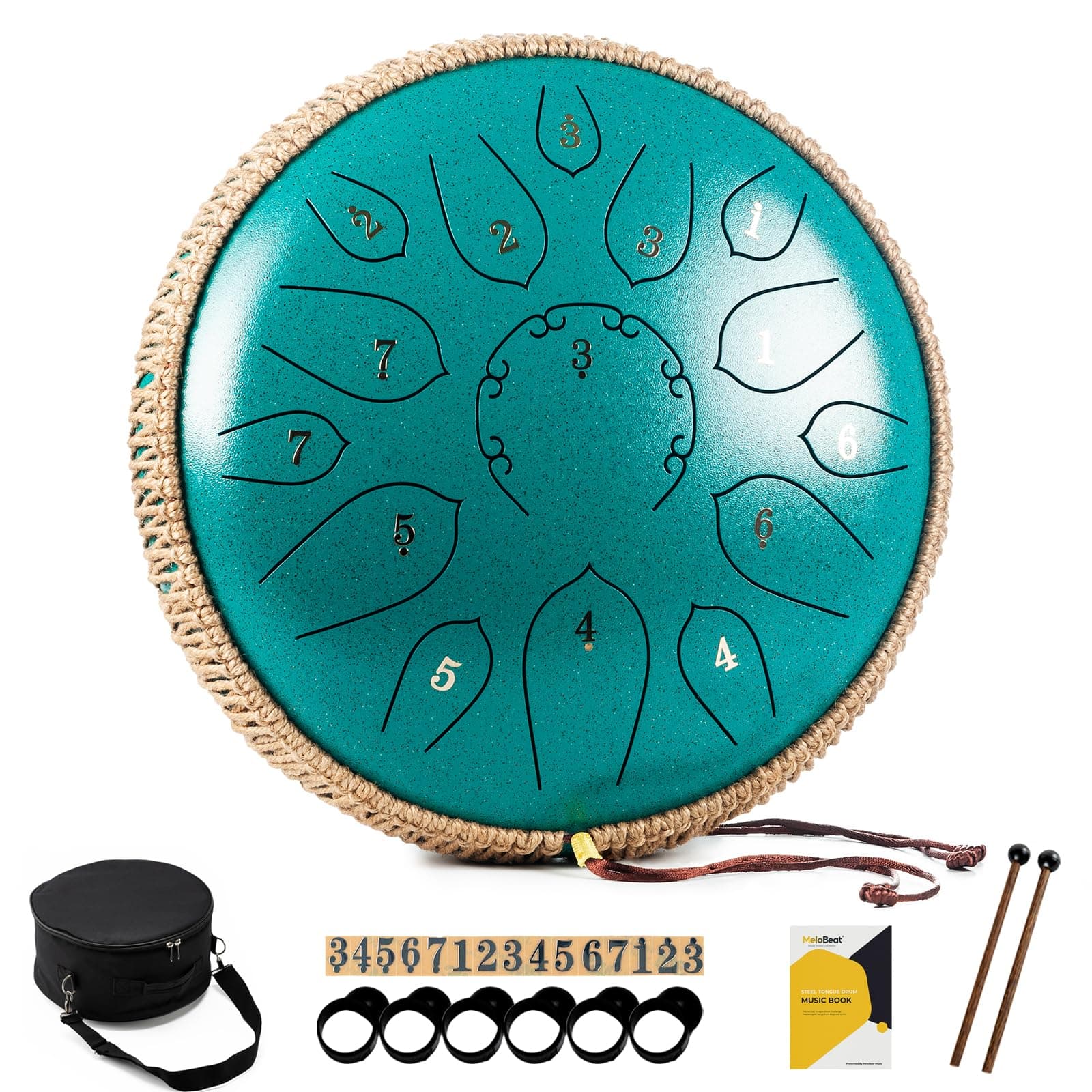 MeloBeat Zungentrommel 12 Zoll 15 Töne - Professionelles Steel Tongue Drum Handpan Set in D Dur inkl. Zungentrommel Liederbuch, Schlagzeug Sticks und Trommel Tragetasche (Grün) 12 Zoll Grün