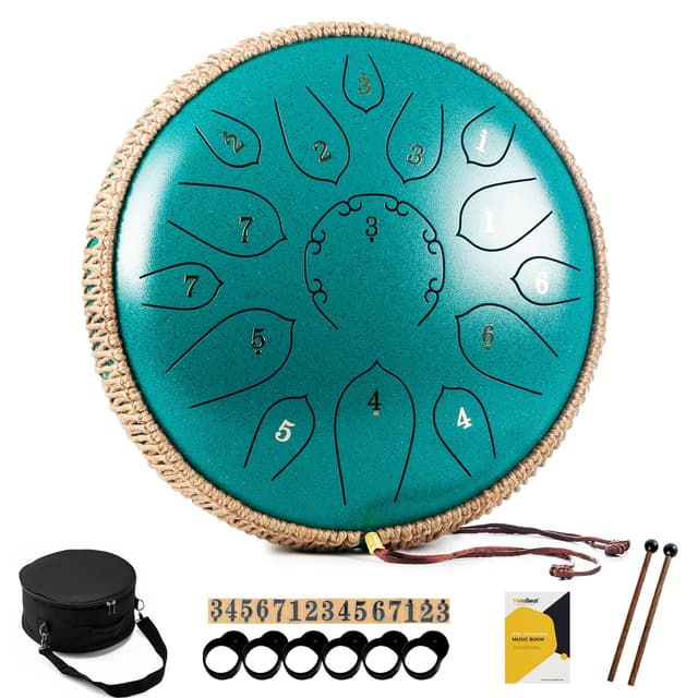 MeloBeat Zungentrommel 12 Zoll 15 Töne - Professionelles Steel Tongue Drum Handpan Set in D Dur inkl. Zungentrommel Liederbuch, Schlagzeug Sticks und Trommel Tragetasche (Grün) 12 Zoll Grün