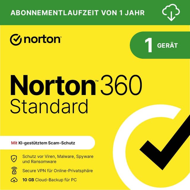 Norton 360 Standard 2025 | 1 Gerät | 1 Jahr | Aktivierungscode per Email per Email (Aktivierungscode) 1 Gerät 1 Jahr