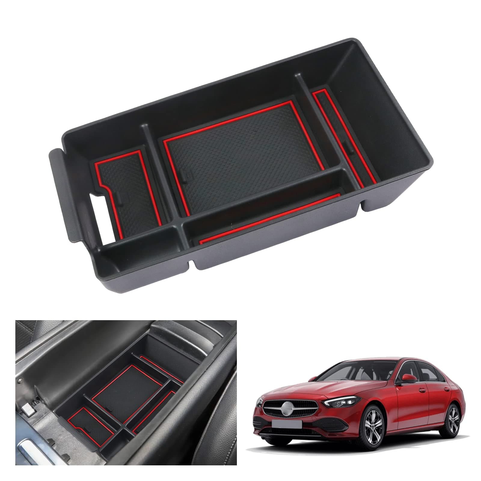 GAFAT Kompatibel mit Mercedes-Benz C-Klasse W206 2023 2024 2025 Mittelkonsole Aufbewahrungsbox, C Klasse W206 Armlehne Organizer Tray Mittelarmlehne Handschuhfach, C Klasse Zubehör (Rot) W206 Rot