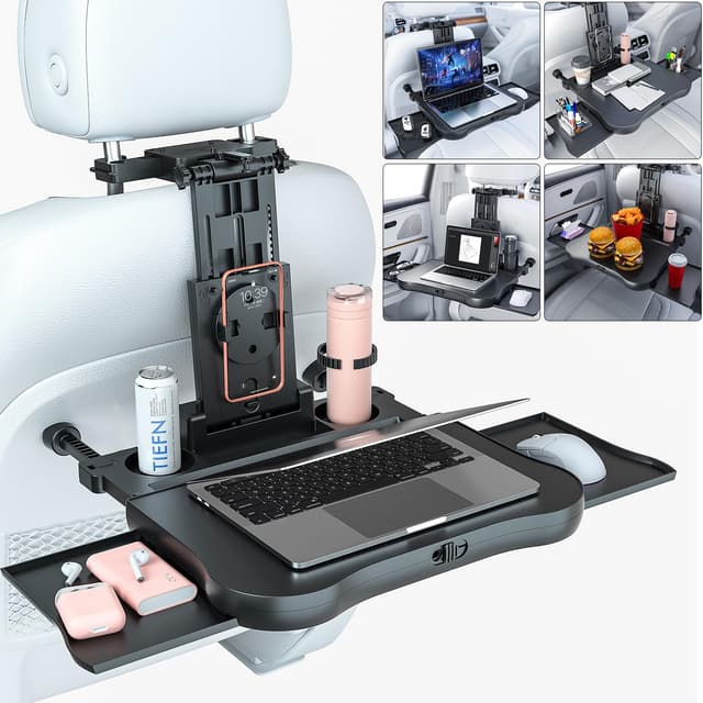 Auto Tisch für Rücksitz Beifahrer, Schreibtisch mit Getränkehalter und Handyhalter, Multifunktional Esstisch für Kinder Erwachsene Klappbar Einstellbar， Belastbarkeit 15-20 kg