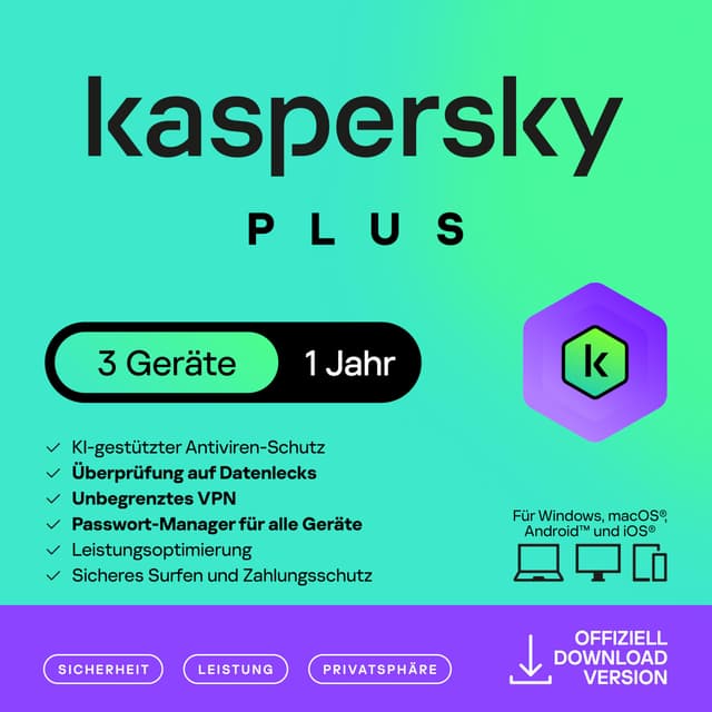 Kaspersky Plus Internet Security 2025 | 3 Geräte | 1 Jahr | Anti-Phishing und Firewall | Unbegrenzter VPN | Passwort-Manager | Online-Banking Schutz | PC/Mac/Mobile | Aktivierungscode per Email Kaspersky Plus Internet Security 3 Geräte 1 Jahr