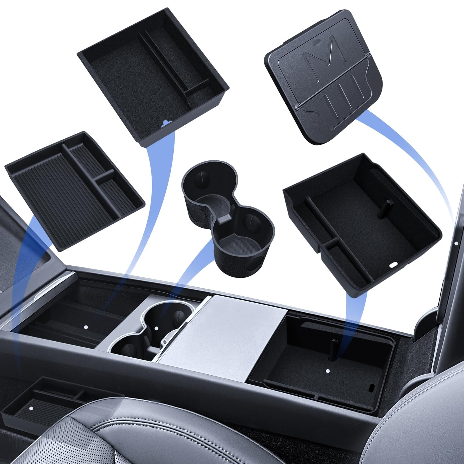 LANTU 5 Pcs Zubehör für Tesla Model 3 2024-2025 Mittelkonsole Organizer, Silikon Organizer Tray, Armlehne Aufbewahrungsbox, Versteckte Box und Getränkehalter Center Organizer 5Pcs Flocking