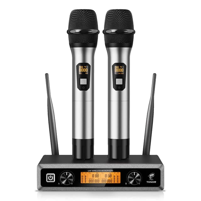 TONOR Wireless Funkmikrofon UHF Professionelles dynamisches drahtloses Dual Mikrofon, Handmikrofonsystem, Heim-KTV-Set für Karaoke, Party, DJ, Kirche, Hochzeit, Meeting, 60 Meter, TW820, Silber 2 Handgeräte Silber & Silber