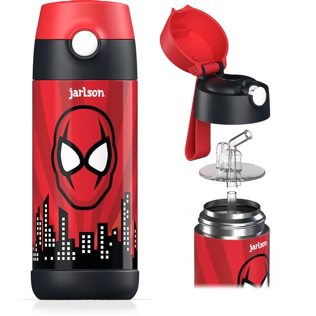 Jarlson® Trinkflasche Kinder CHARLI - TÜV geprüft - Thermo Edelstahl Wasserflasche 350ml - BPA frei - auslaufsicher - Kinderflasche mit Strohhalm - Flasche für Schule, Kindergarten (Superheld rot) Superheld 350 ml