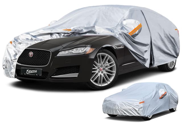 Kayme Autoabdeckung Limousine, Autoplane Wasserdicht Atmungsaktiv,Auto Abdeckplane für Regen Sonne Staub Schutz,Auto Abdeckung für BMW 6/7er, Ghibli, VW Phaeton etc.Siehe AutoGrößentabelle A10, Silber A10-Siehe AutoGrößentabelle Silber
