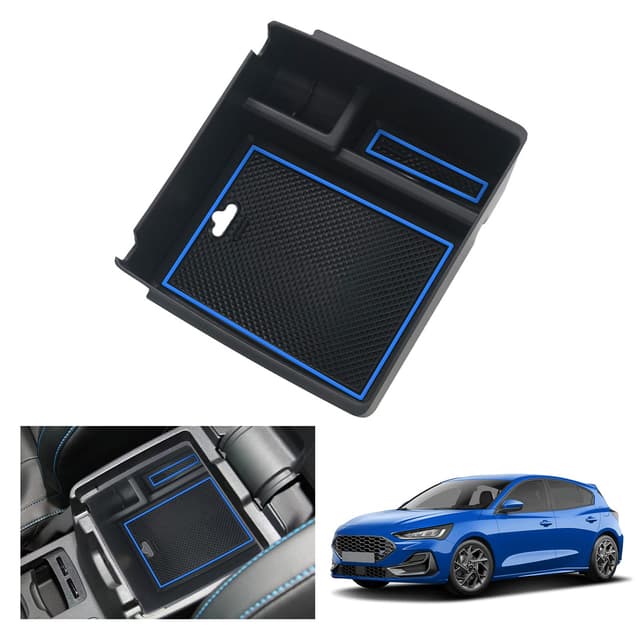 GAFAT Fo-rd Focus MK4 / Kuga MK3 ST Line 2018-2024 2025 Mittelkonsole Aufbewahrungsbox, Focus MK4 ST Line Kuga 3 Armlehne Organizer Tray Handschuhfach, Kompatibel mit Ford Focus MK4 Zubehör (Blau)