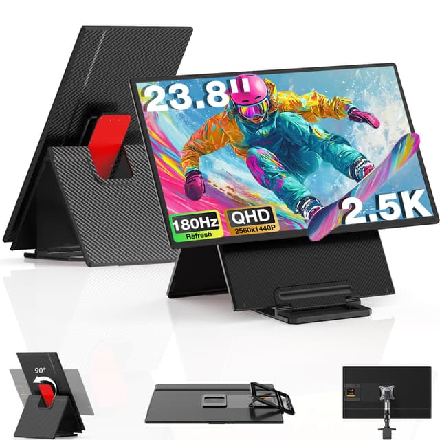 Kwumsy 2.5K Laptop Bildschirm Erweiterung, 23.8 Zoll Tragbarer Monitor für Laptop, 2560x1440P QHD 180Hz 125% sRGB Portable Monitor Für Alle Laptops, Unterstützt 0-90°Drehung/Höhenverstellbare/Faltbare Dual 23.8inch-2.5K