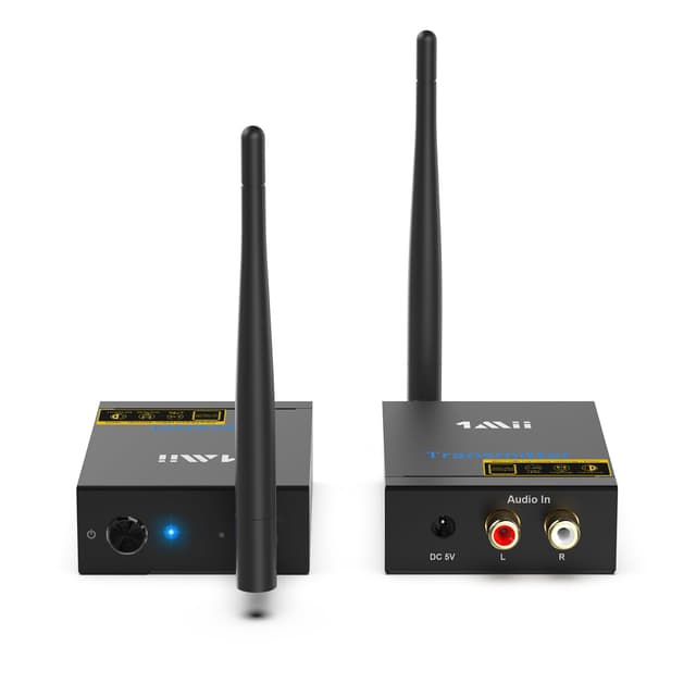 1Mii Drahtlos Audio Sender Empfänger, 2.4G Große Reichweite Transmitter and Receiver Kit Low Latency für HiFi-Musik von TV/PC zu Aktivlautsprechern/Stereo/Subwoofer/CD, Cinch-Ausgang/Eingang 320ft RT5066 (2 IN 1)