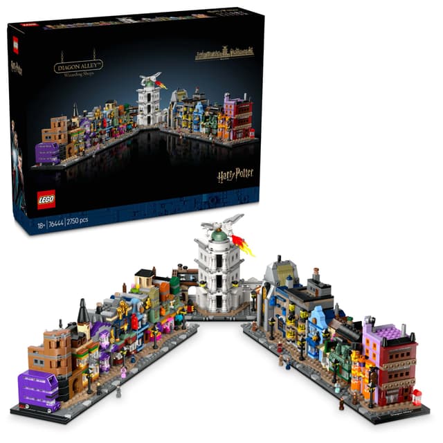 LEGO Harry Potter Die Zauberläden der Winkelgasse - Miniaturstraße zum Ausstellen - 12 Mikrofiguren zum Sammeln, inkl. Harry Potter, Draco Malfoy, Hermine Granger - Geschenk für Erwachsene 76444