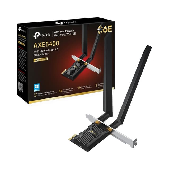TP-Link Archer TXE72E AXE5400 Wi-Fi 6E Bluetooth 5.3 PCIe Adapter(6 GHz 2402 Mbps,5 GHz 2402 Mbps,2.4 GHz,574 Mbps, Bluetooth 5.3, WPA3-Verschlüsselungsstandards,High-Gain-Antennen) Wi-Fi 6E AXE5400