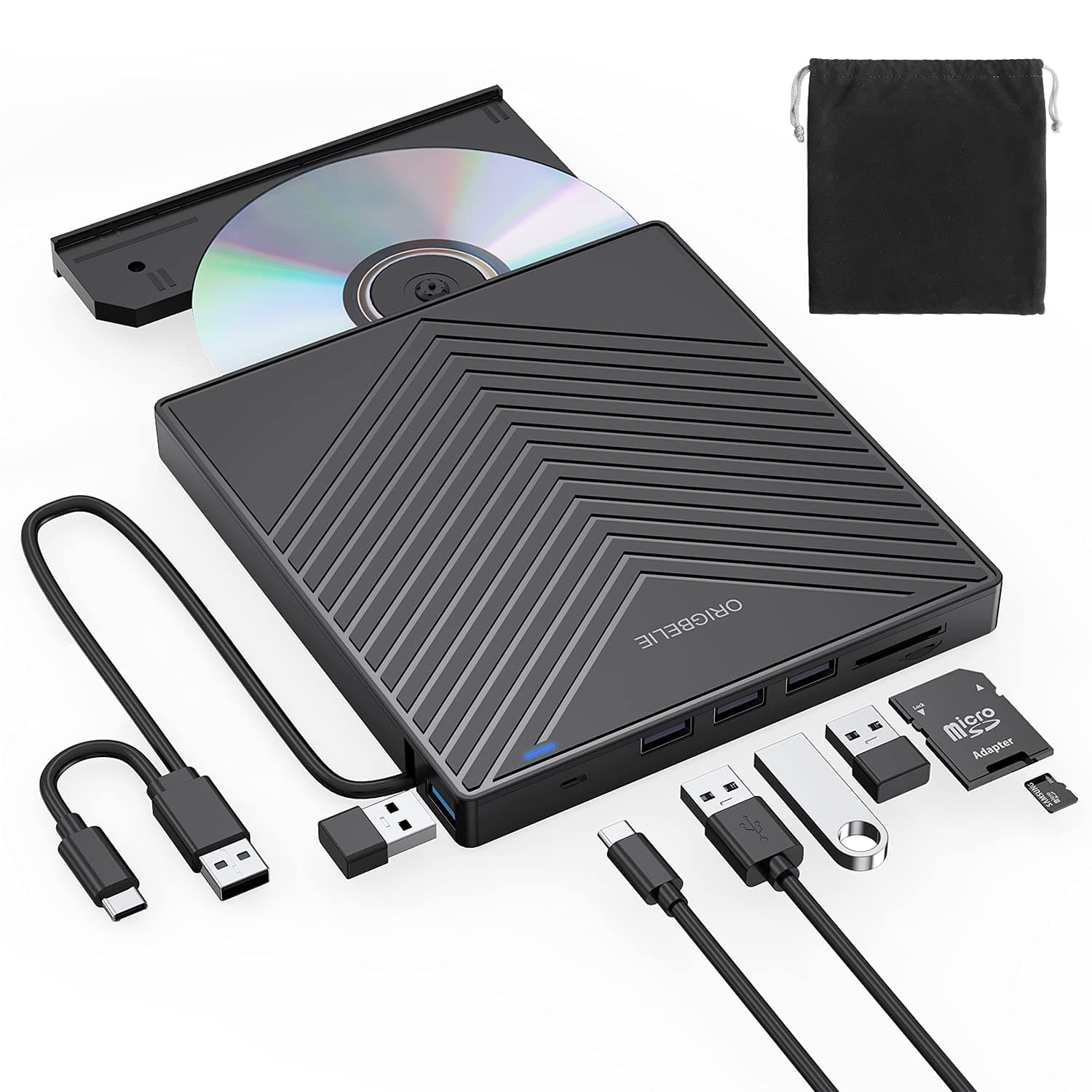 ORIGBELIE Externes DVD Laufwerk, ultraflacher CD-Brenner USB 3.0 mit 4 USB-Anschlüssen und 2 TF/SD-Kartensteckplätzen, Plug-and-Play Externes CD Laufwerk für Laptop Mac, PC Windows 11/10/8/7 Linux OS 8-in-1