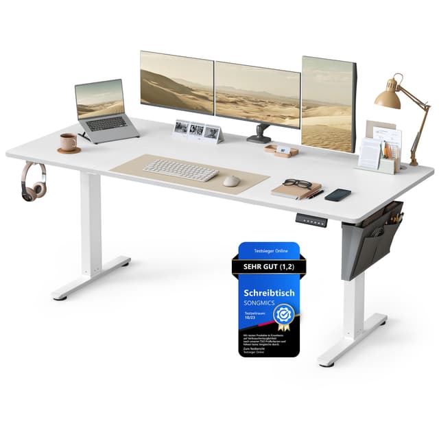 SONGMICS Höhenverstellbarer Schreibtisch elektrisch, 180 x 80 cm, Verstellbarer Tisch, Memory-Funktion für 4 Höhen, für Büro, wolkenweiß LSD138W01 180 x 80 cm Wolkenweiß