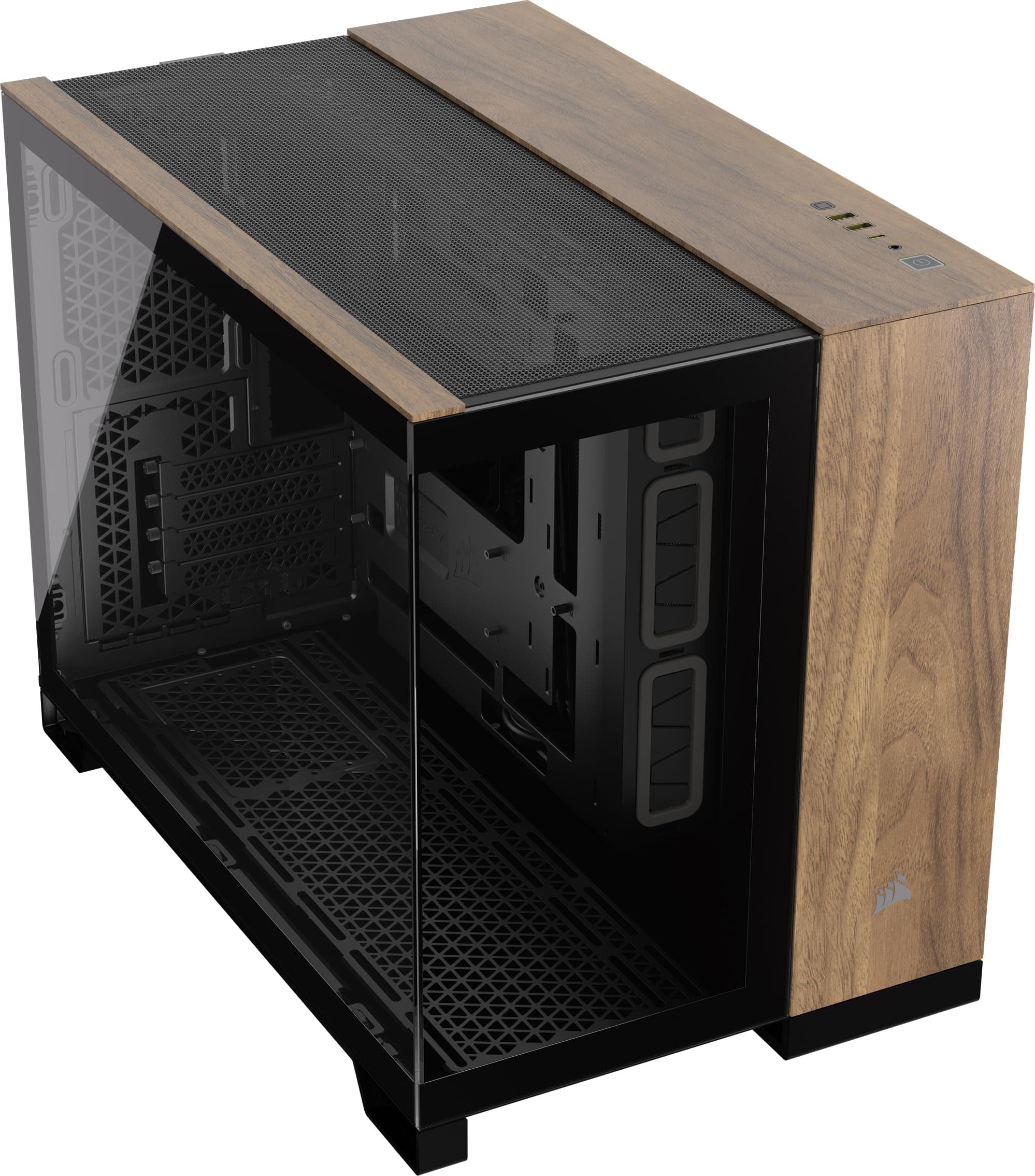 CORSAIR 2500X Small-Tower mATX-Doppelkammer-PC-Gehäuse – Gehärtetes Panoramaglas - Umgekehrte Verbindung Motherboard-Kompatibel – Keine Ventilatoren Inbegriffen – Schwarz/Walnussholz Gehärtetes Glas 2500X Schwarz/Walnuss
