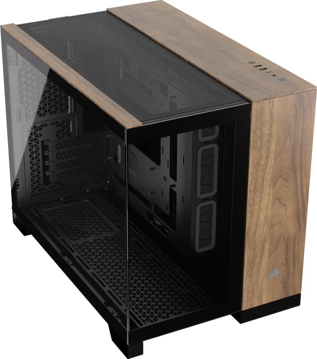 CORSAIR 2500X Small-Tower mATX-Doppelkammer-PC-Gehäuse – Gehärtetes Panoramaglas - Umgekehrte Verbindung Motherboard-Kompatibel – Keine Ventilatoren Inbegriffen – Schwarz/Walnussholz Gehärtetes Glas 2500X Schwarz/Walnuss
