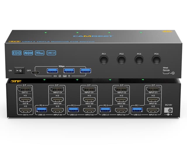 KVM Switch 3 Monitore 4 PC 4K@60Hz, 2 HDMI+Displayport KVM Switch Triple Monitor für 4 PC Share 3 Monitor und 4 USB3.0 Port Tastatur Maus Drucker,EDID-Simulation,4 USB Kabel enthalten