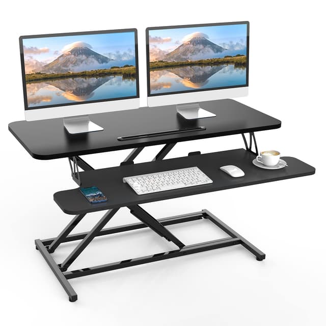 ERGOMAKER Steh-Sitz Schreibtischaufsatz Höhenverstellbar, Stehpult Aufsatz Schreibtisch 91 X 40CM Desktop Erhöhung mit Tastaturablage Für Zwei Monitore,Schwarz 36"/91cm Schwarz
