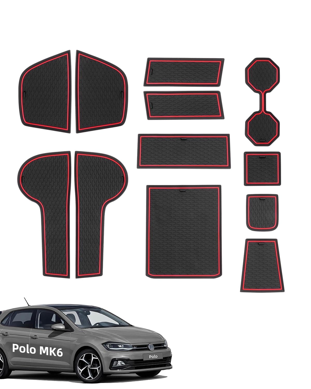 LANGBEAN Antirutschmatten für VW Polo MK6 2018-2024, 12 Stück Gummimatten für Mittelkonsole, Ablagefach, Becherhalter, integrierter Türschlitz, Armlehnenkasten, Schwarz & Rot VW Polo Schwarz & Rot