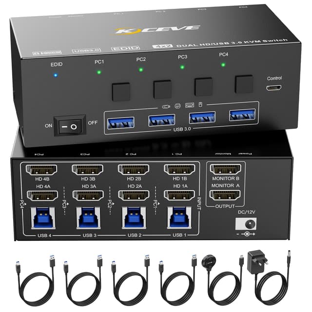 KVM Switch 4 Computer 2 Monitore, KCEVE 8K@60Hz, 4K@144 Hz USB 3.0 HDMI KVM-Umschalter mit EDID-Emulator für 4PC Share Maus Tastatur und Monitor, stabiler Chip, hohe Kompatibilität KVM 2 Monitore 4 PC (HDMI)