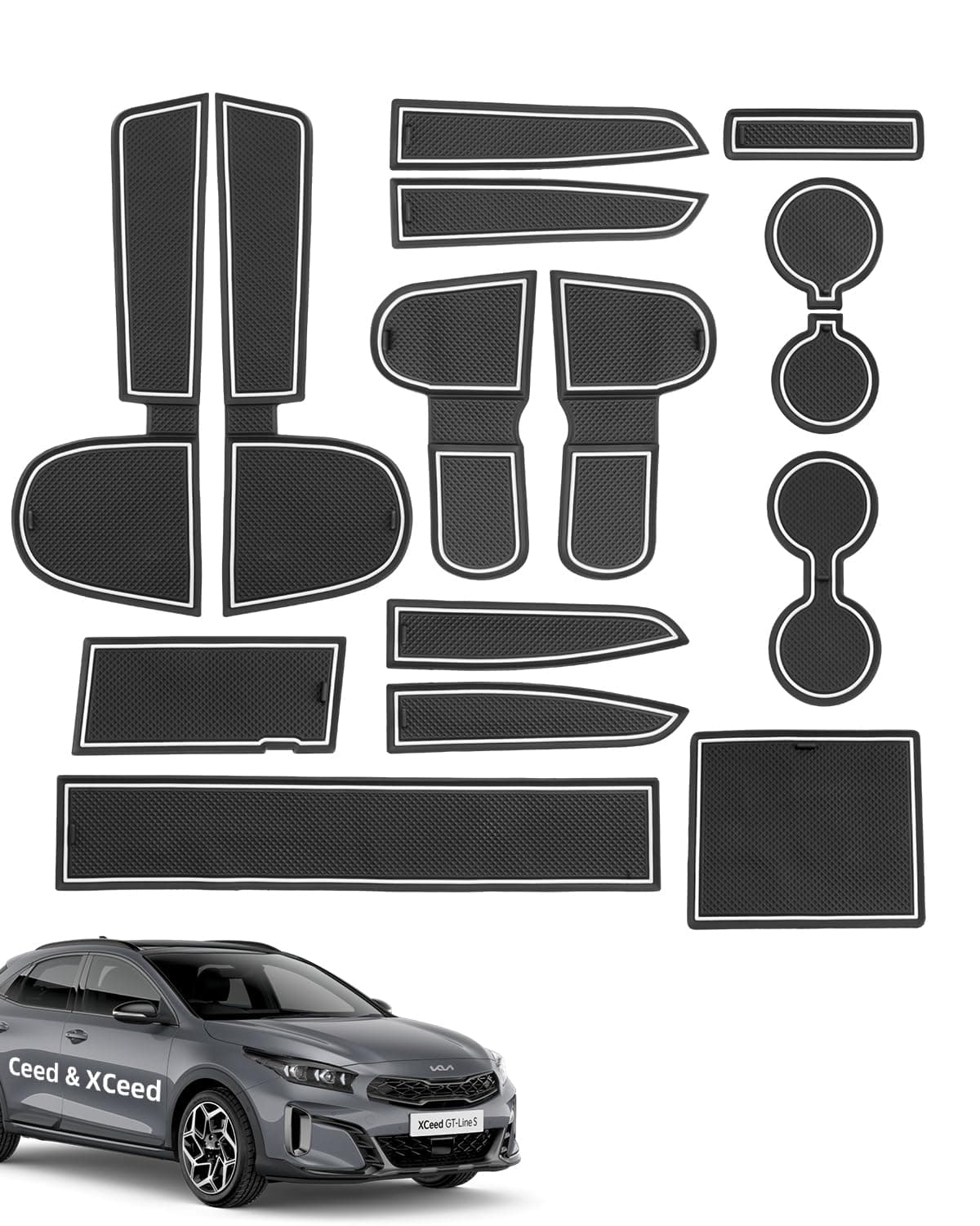 LANGBEAN Antirutschmatten für Kia Ceed 2018-2024 2025, 15 Stück Gummimatten für Mittelkonsole, Ablagefach, Becherhalter, integrierter Türschlitz, Armlehnenkasten, Schwarz & Weiß