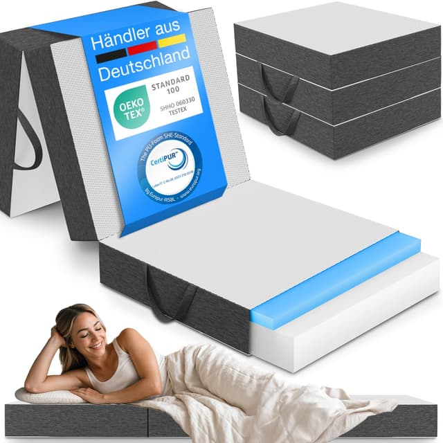 ELONEO Premium Visco Klappmatratze 75x200 cm, extra hoch 15 cm, Gästematratze klappbar, Faltmatratze, Faltbare Matratze, Bandscheibenwürfel, Reisematratze, Gästebett klappbar, Klappbett waschbar
