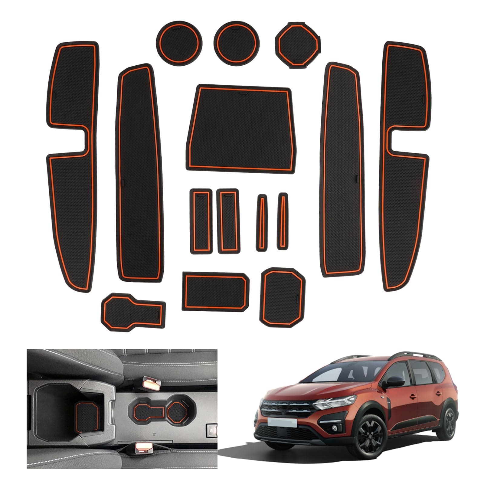 GAFAT Dacia Jogger Hybrid/Extreme 2022-2024 2025 Antirutschmatten, Jogger 2024 Gummimatten, Mittelkonsole Matten, Türnaht Matten, Dacia Jogger Zubehör (Orange) orange 1