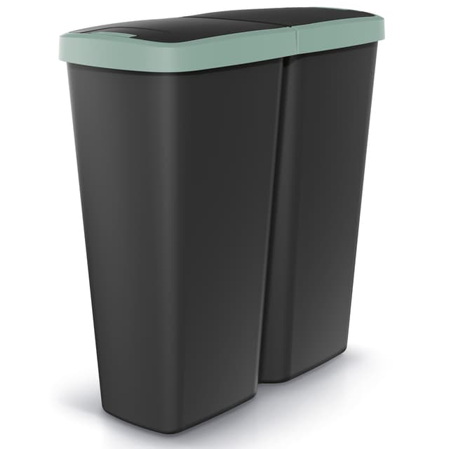 Monzana® Mülleimer Küche 50L 2 Fächer mit Deckel Druckknopf Abfalleimer Büro Papierkorb Biomüll Gelber Sack Mülltrennsystem Recycling Schwarz Grün