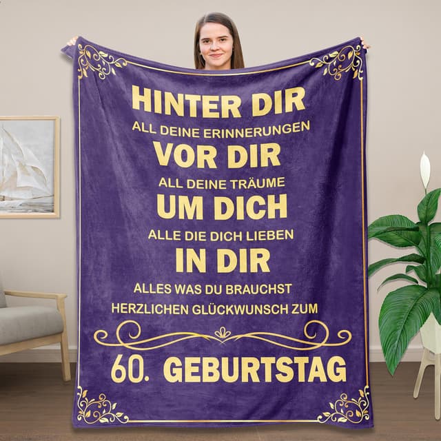 Belloxis 60 Geburtstag Geschenk Kuscheldecke für Mama Oma Frau Freundin Violett- 60 Geburtstag