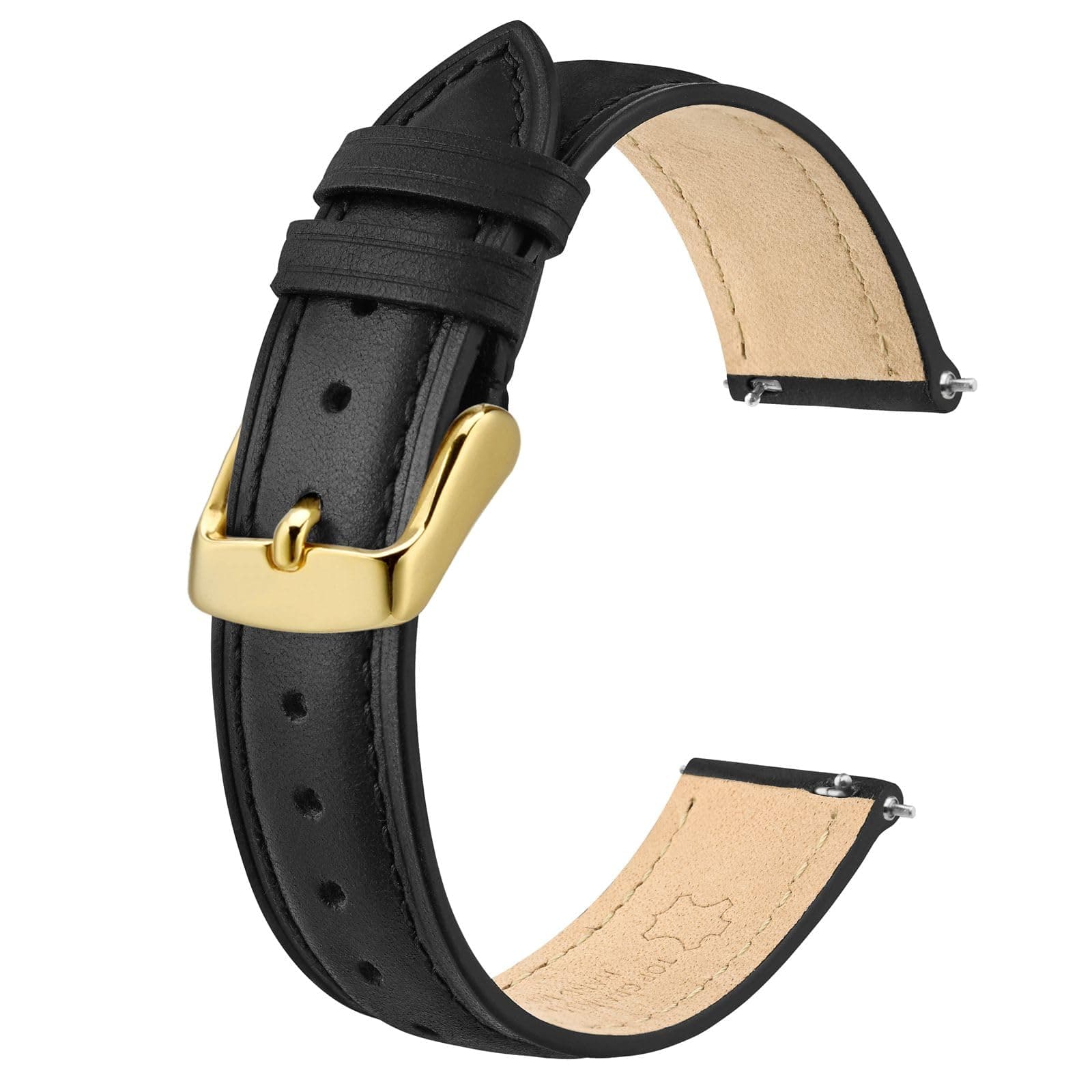 BISONSTRAP Elegante Leder Uhrenarmband, Schnellverschluss, Uhrenarmbänder für Damen und Herren, Kompatibel mit Uhrenanstößen von 12mm 14mm 15mm 16mm 18mm 20mm Schwarz (Goldene Schnalle) 20mm