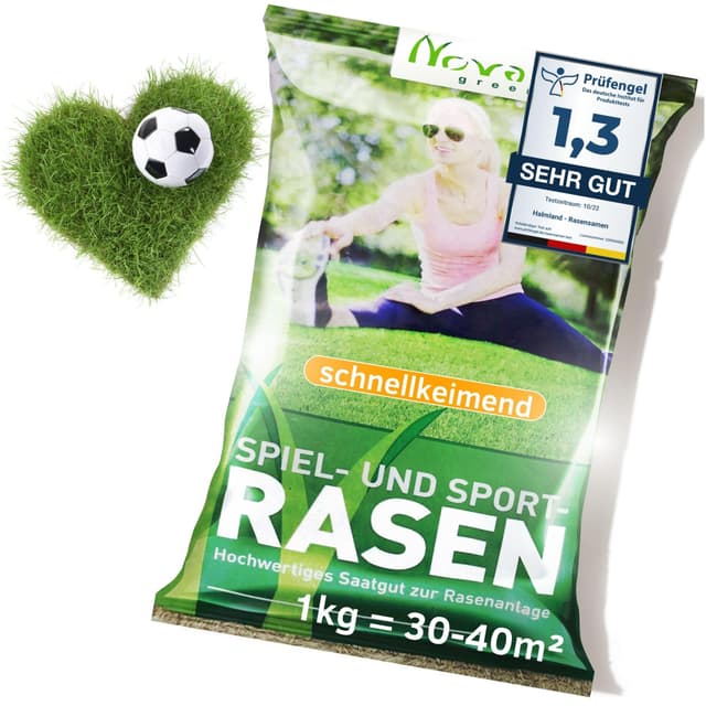 halmland® Rasensamen schnellkeimend 1kg = 30-40m² Sport und Spiel Sommer | SEHR GUT getestet - trockenresistent | Ideal für Neuansaat und Nachsaat 1kg (= 30-40m² Rasen)