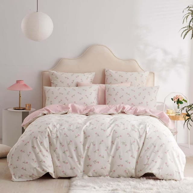 Tospass Baumwolle Bettwäsche Set 135x200cm 2teilig Weiß Rosa Grün Blumen Floral Bettwäsche Blumenmuster Mädchen Elegant Bettbezug mit Reißverschluss und Kissenbezug 80x80cm 2teilig：135x200cm+80x80cm Baumwolle Blume-5