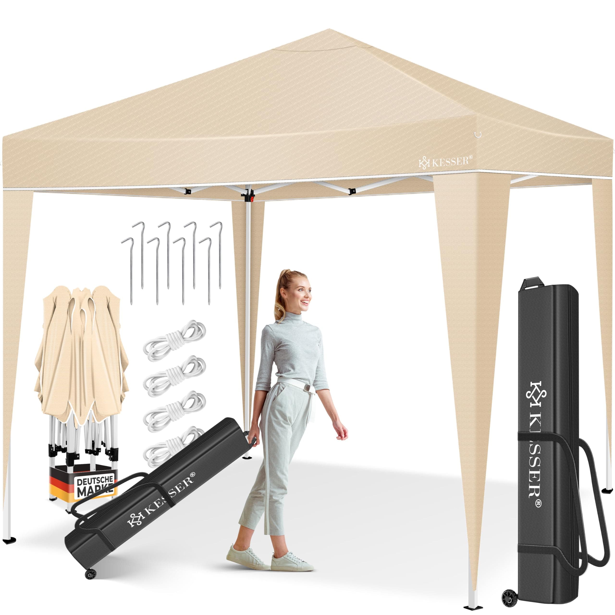 KESSER® Pavillon Faltpavillon 3x3m | Pop-Up Gartenpavillon Höhenverstellbar Stabil Wasserdicht Winterfest | Partyzelt Festzelt UV-Schutz 50+ inkl. Tasche mit Rollen & Bodenanker | Beige 3x3m Beige