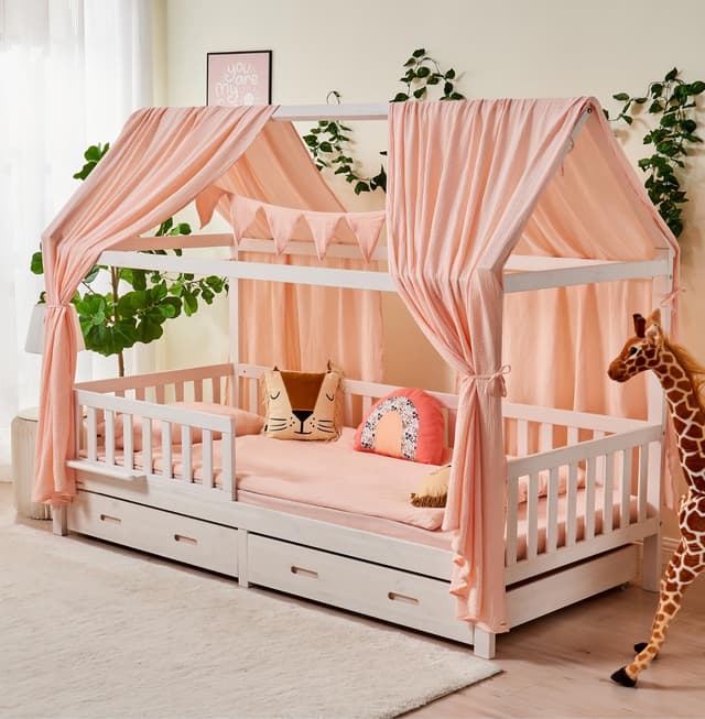 ALAVYA HOME® Hausbett 90x200 mit Schubladen, Rausfallschutz und Lattenrost | Kinderbett 90x200 für Mädchen und Jungen Massivholz der Buche FSC zertifizierter Montessori Kinder Bett Jugendbett - Weiß 90 x 200 cm Weiß - mit Schubladen