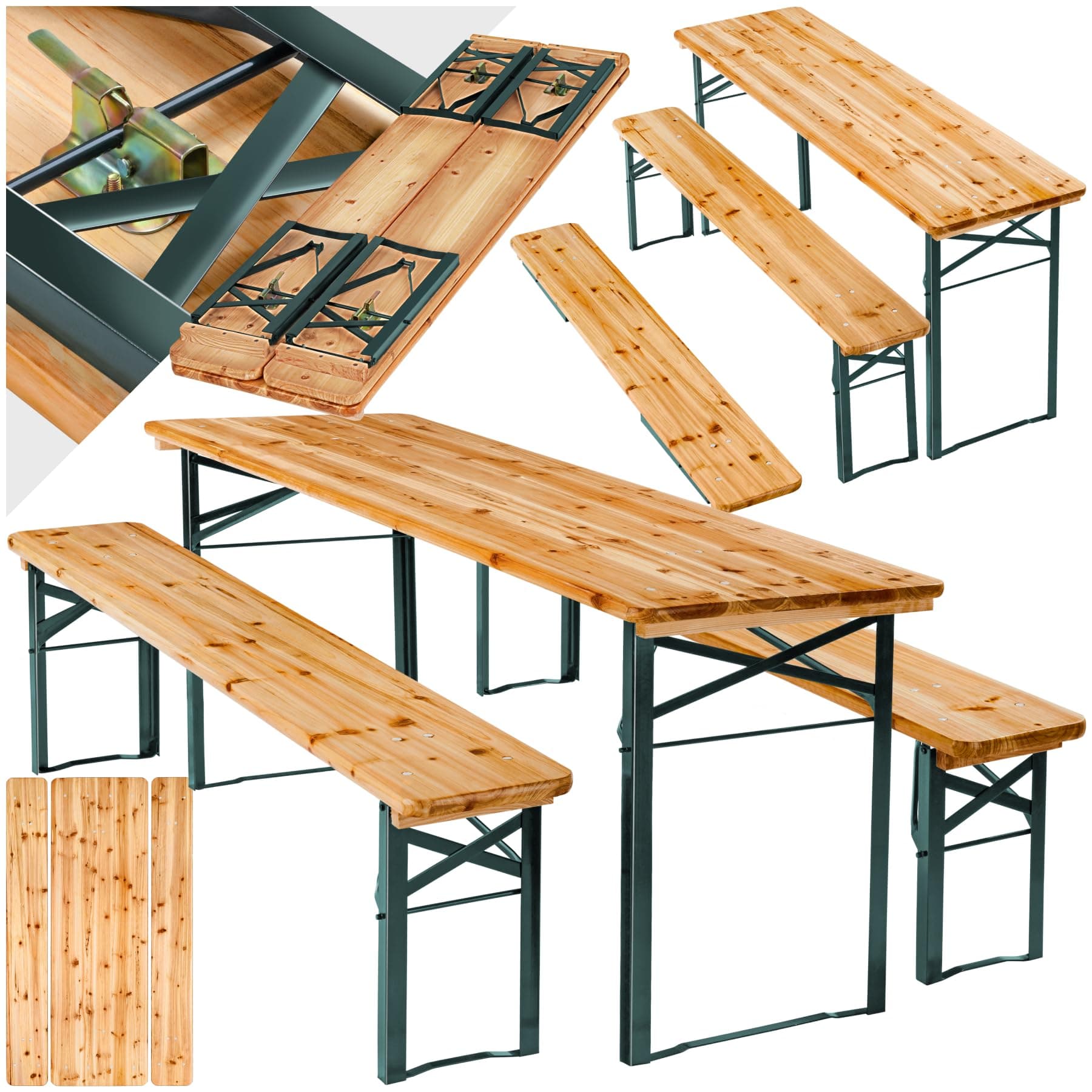 tectake® Bierzeltgarnitur klappbar, Biertisch Klapptisch mit 2X Bierbank, Gartenmöbel Set, Camping Zubehör, Klapptisch Esstisch, Camping Tisch faltbar, Balkontisch, Campingtisch klappbar Bierzeltgarnitur Klappbar - Tisch Größe: 170 X 46 X 77 Cm